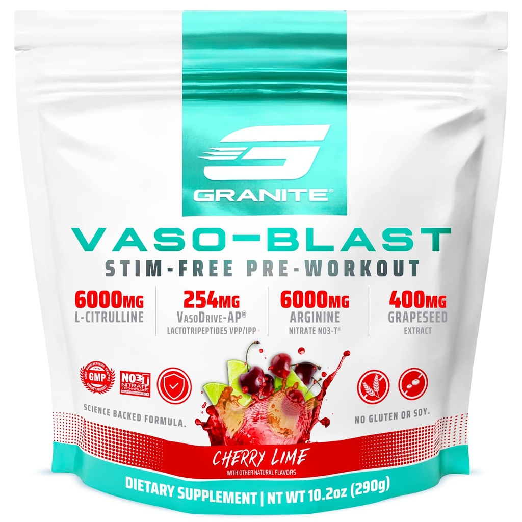 Suplementos de granito Vaso Blast, Cherry Lime Flavor, Stimulante-Free Pre Workout para Hombres con Extracto de Grapeseed, Arginine Nitrite, & VasoDrive-AP para Max Pump (20 Servings)