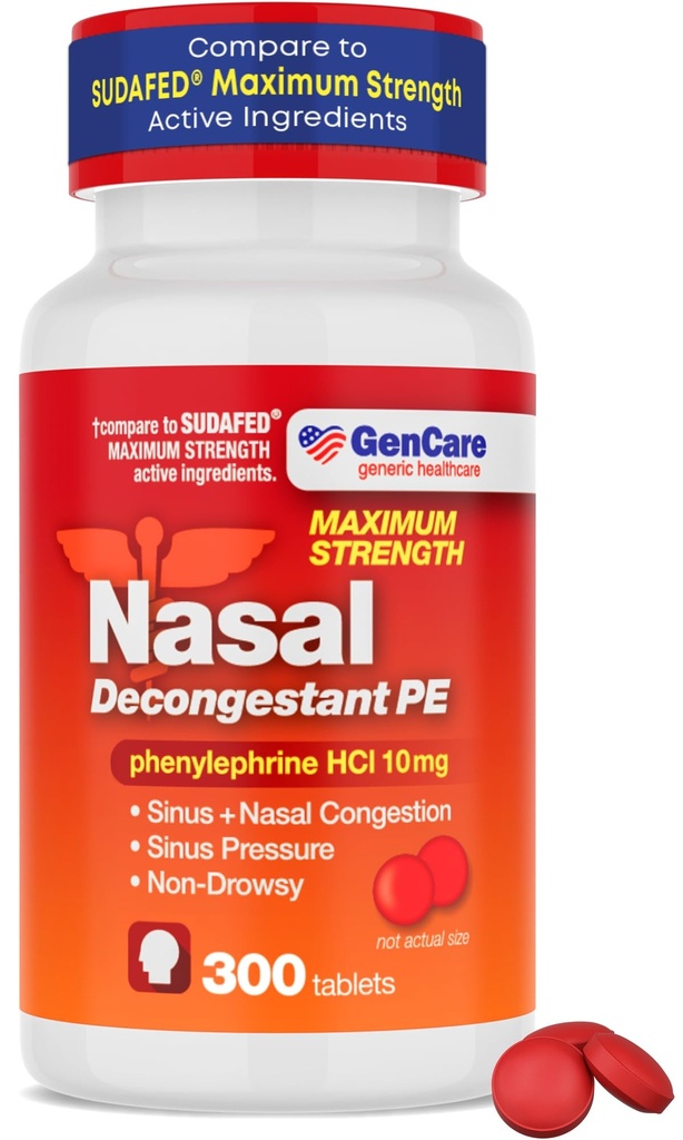 GenCare - Nasal Decongestant (10mg Tablets) Phenylephrine HCl (300 Tablets Por Bottle)