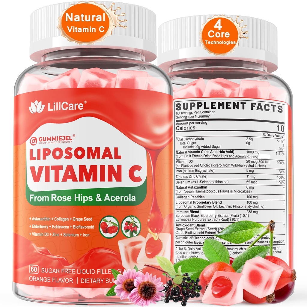 Vitamina Liposómica Natural C 1000mg Gummies para Adultos &amp; Niños 9+, Vitamina Chewable C w/ 11mg Zinc, D3, Elderberry, Echinacea, , Bioflavonoide, Apoyo Inmunitario, Alimento completo VIT C de Frutas, Azú