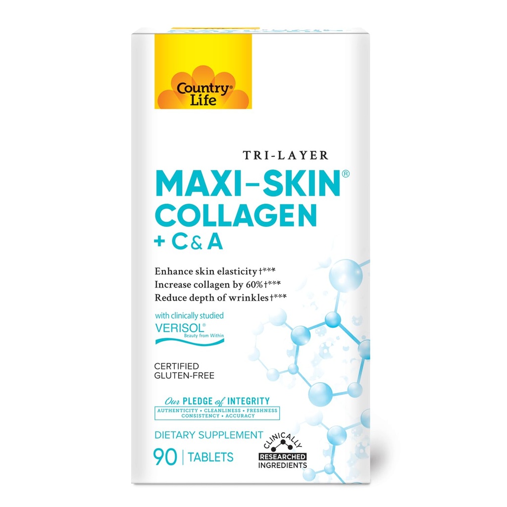 Country Life Verisol Collagen Peptides Tablets - Reducir la profundidad de W[KB2] rinkles &amp; Enhance Skin Elasticity-90 Tablets-Includes Vitamin A implicaC - Collagen Powder for Women &amp; Men - Boost Skin Collagen by 60%