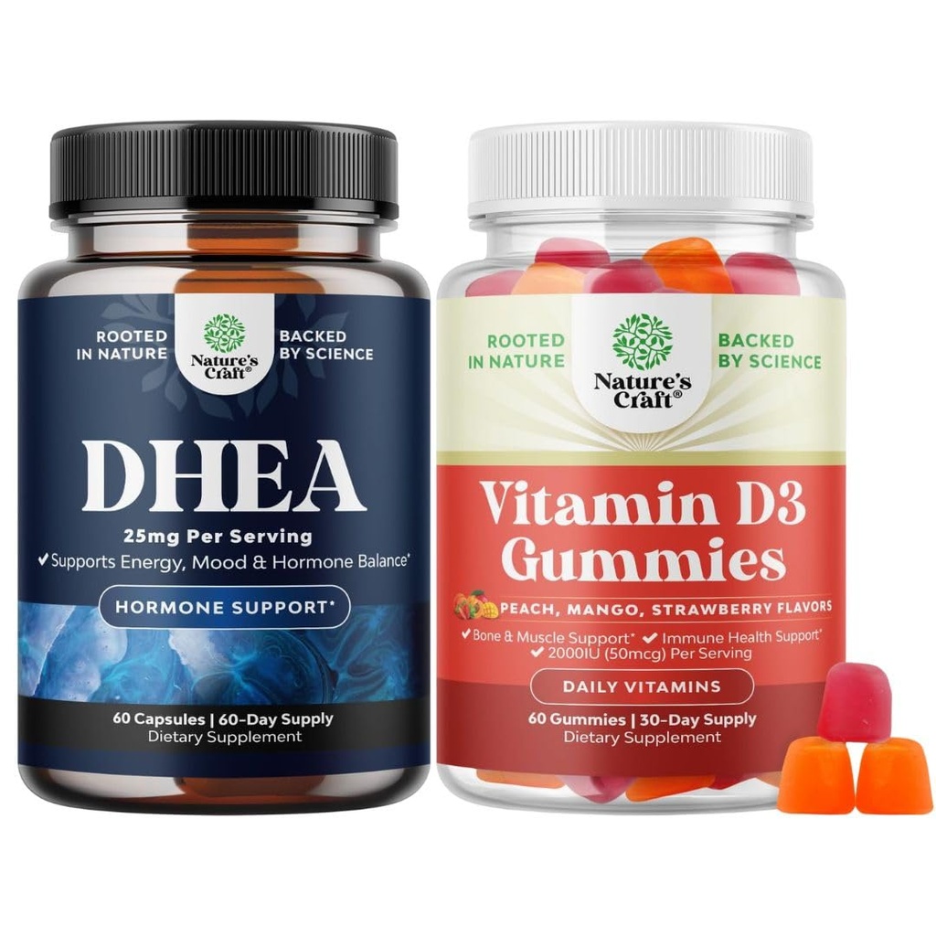 Paquete de DHEA Suplemento para Equilibrio de Hormonas, Estabilidad del Modo, Función del Cerebro - Dehidroepiandrosterona y Gummies de Vitamina D3 para el Bienestar Diario con 2000IU por Sol de Servir