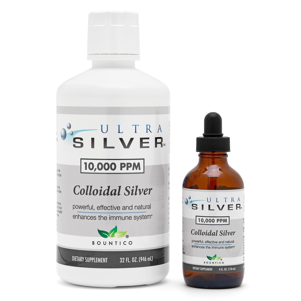 Ultra Silver® Colloidal Silver TENIDO 10,000 PPM, 32 Oz (946mL) TENIDO Suplemento Mineral ANTE True Colloidal Silver - 4 oz Dropper Bottle (Empty) Incluido para dispensar!