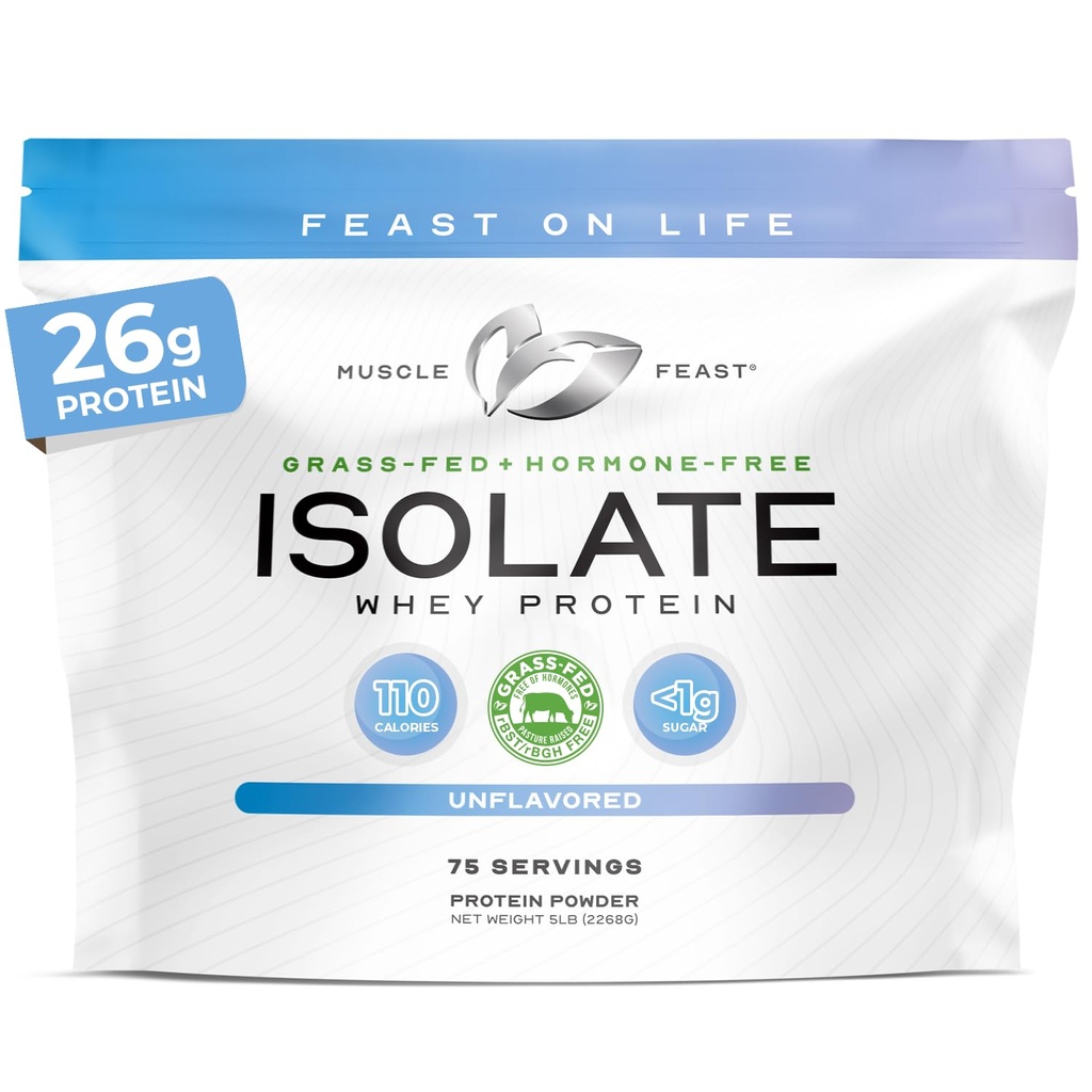 Muscle Feast Grass-Fed Whey Protein Isolate, All Natural Hormone Free Pasture Raised, Whey Isolate Protein Powder for Hombre and Women, Clean, Non-GMO & Gluten-Free, Isolate Protein - Unflavored, 5lb