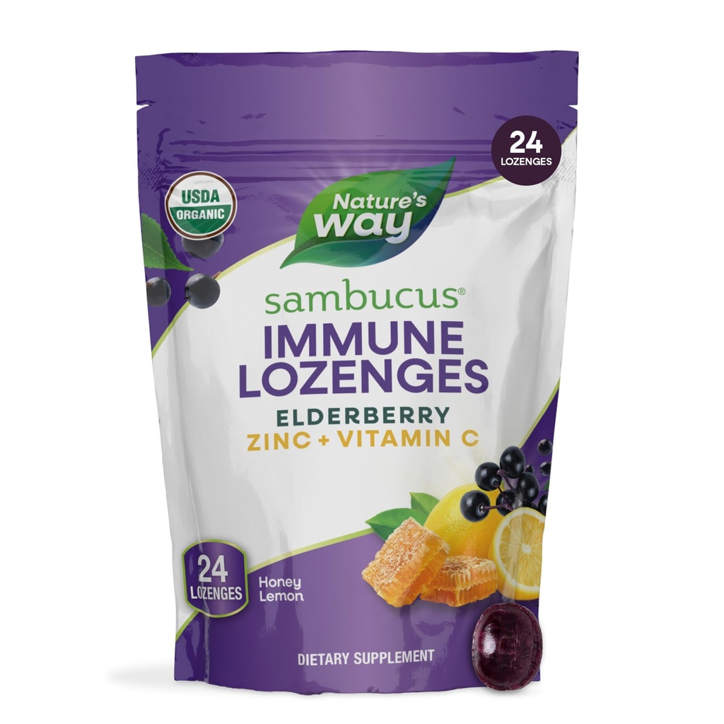 Manera de la naturaleza Sambucus Zinc Lozenges con Elderberry y Vitamina C, Honey Lemon Flavor, 24 Lozenges