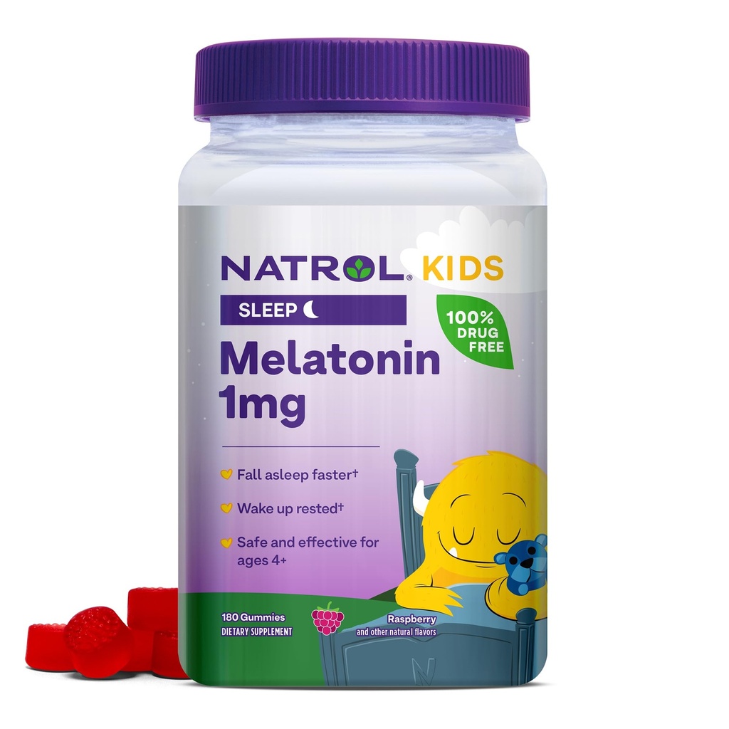 Natrol Kids Melatonin 1 mg, Suplemento dietético para el descanso, Melatonin Gummies para niños, 180 Raspberry-Flavored Gummies, hasta un suministro de 180 días
