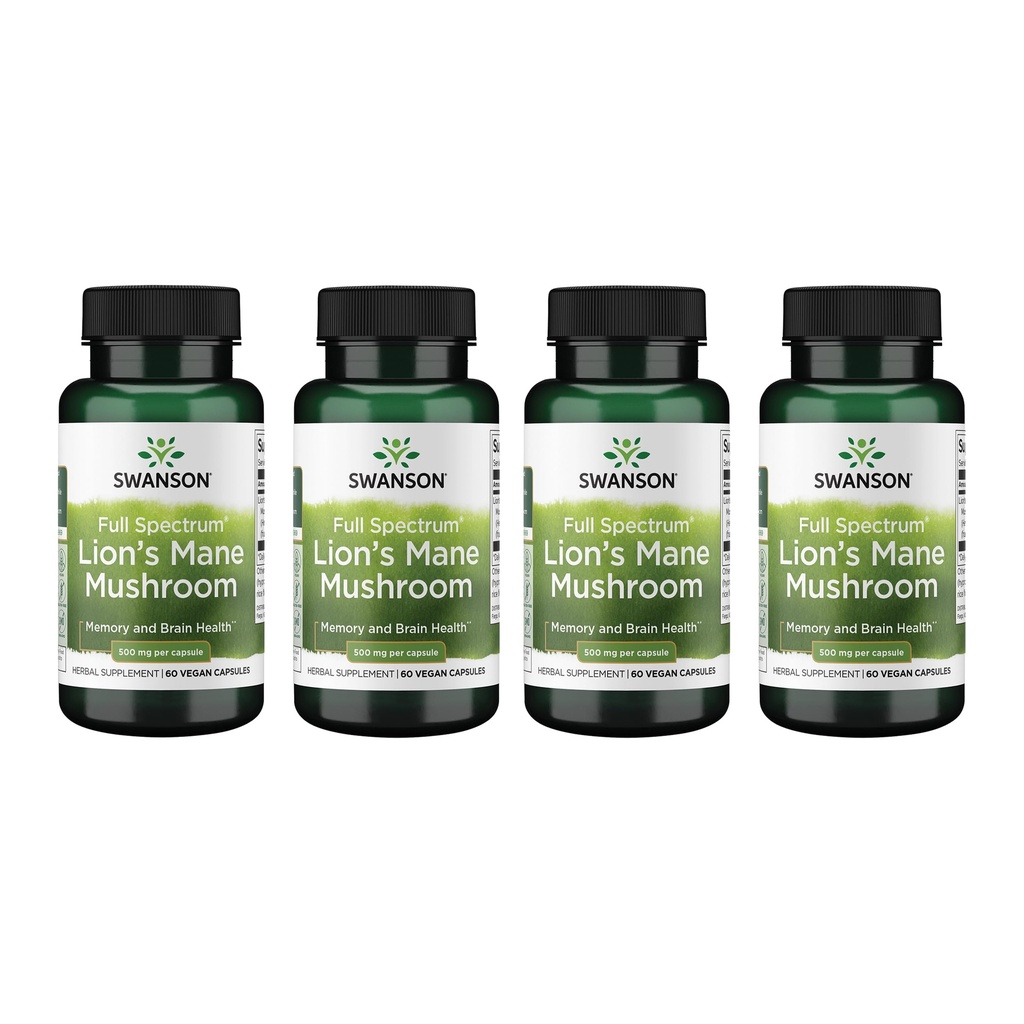 Swanson Full Spectrum Lion's Mane Mushroom - Brain Health Supplement to Support Memory, Focus & Clarity* - May Also Aid Immune, Heart & Digestive Health - Gluten-Free < Non-GMO - 60 cápsulas (4 Pack)