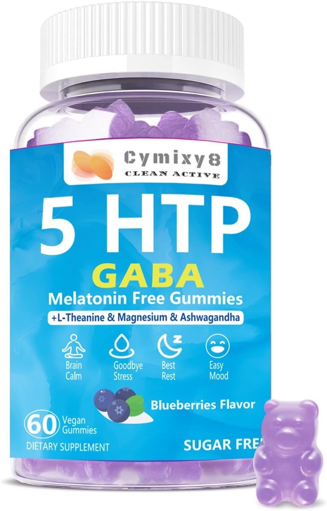 5-HTP GABA Gummies Blend 1700mg, Gotas de calma sin azúcar con L Theanine, Magnesio, Ashwagandha, Omega-3-6-9, Vitamina D3,B6 para Zzzs naturales, Mood, Brain-Calm, Blueberry Flavor 60Count
