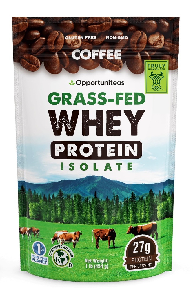 Opportuniteas Café Whey Protein Powder - Baja Carb & Keto Friendly - Grass Fed Whey Isolate + Café colombiano - 60 mg Caffeine for Energy - Pre o Post Workout Drink Mix, Latte, Shake &amp; Smoothie 1lb