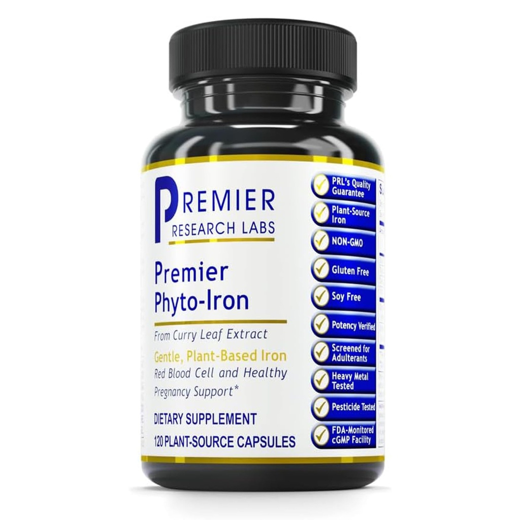 Laboratorios de Investigación Premier Phyto-Iron - Hierro con base vegetal para hombres " Mujeres para el apoyo a la sangre, Suplemento de hojas de curry, Suplementos de hierro, Hierro no hemo, 18 mg de hierro por ser - 120 cápsulas vegetarianas