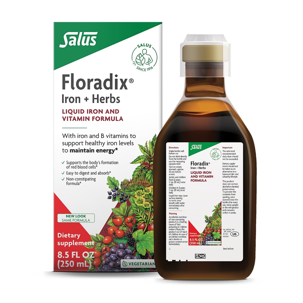 Floradix Iron &amp; Herbs - Suplemento Herbal Líquido de Apoyo Energético - Suplemento Hierro con Complejo Vitamina C &amp; Vitamina B - para Hombres &amp; Mujeres - 8,5 fl oz