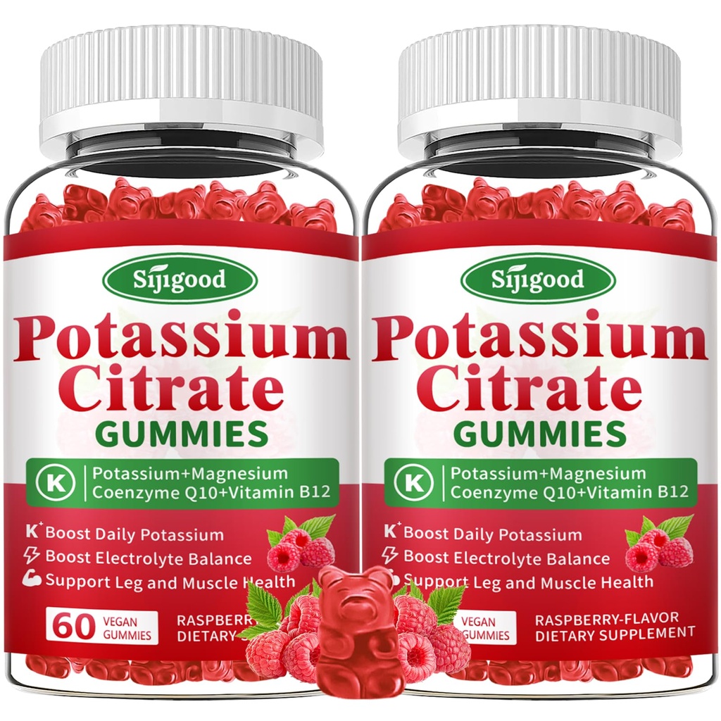 2 Pack Potassium Citrate Gummies – Potassium Supplement for Muscle Health, Leg Cramp Relief & Electrolyte Balance, Vegan, Non-GMO, Gluten-Free, Raspberry Flavor, 120 Count