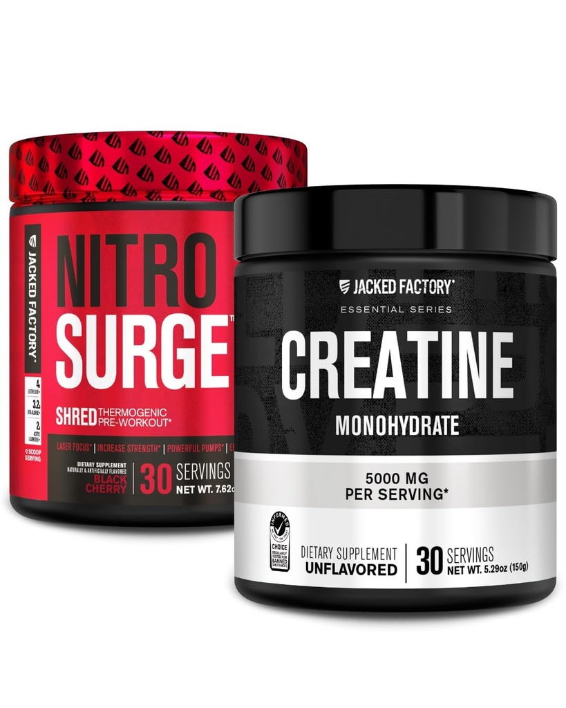 Fábrica de Jacked NITROSURGE Suplemento de Pre Workout (Black Cherry, 30 Servings) &amp; Creatine Monohydrate Powder (Unflavored, 30 Servings)