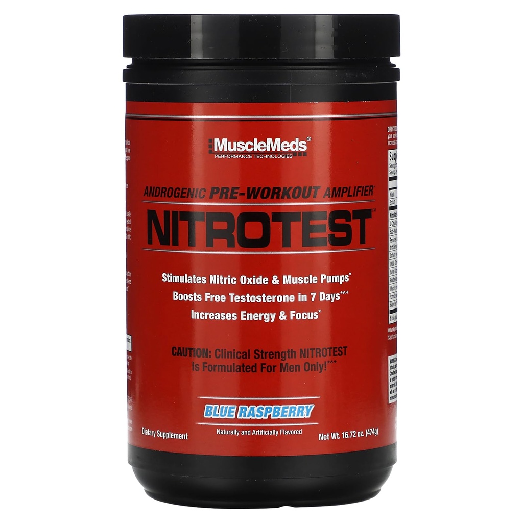 MuscleMeds Nitrotest Pre-Workout Supplement Drink, Boost Nitric Oxide, Testosterone, Blue Raspberry, 30 Serving, 1.04 Libra, 1 Conde