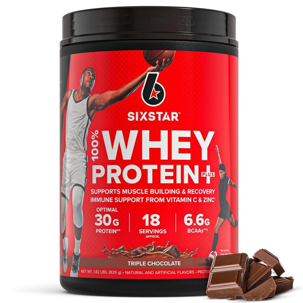 Six Star Whey Protein Powder Plus - Muscle Building &amp; Recovery Fórmula con Whey Isolate Powder, BCAAs, 30g Protein, Immune Support - Post-Workout Suplemento - Triple Chocolate, 1.8 lbs