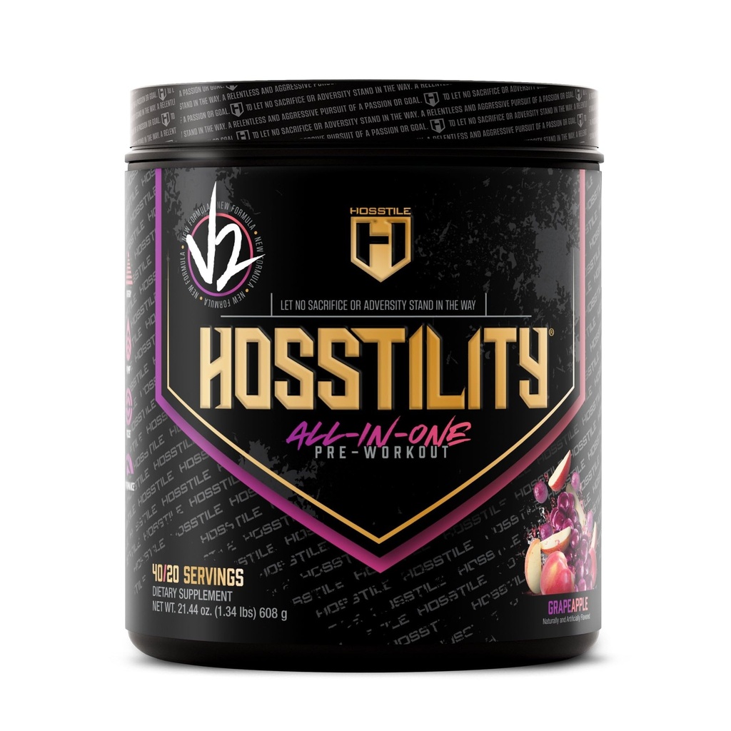 HOSSTILE Hosstility V2 Pre Workout, All-in-One Pre Workout Powder para Hombres y Mujeres, Mejorar la bomba muscular, Aumentar la energía, Boost Strength, Sharpen Focus, Grape Apple, 40 Servings