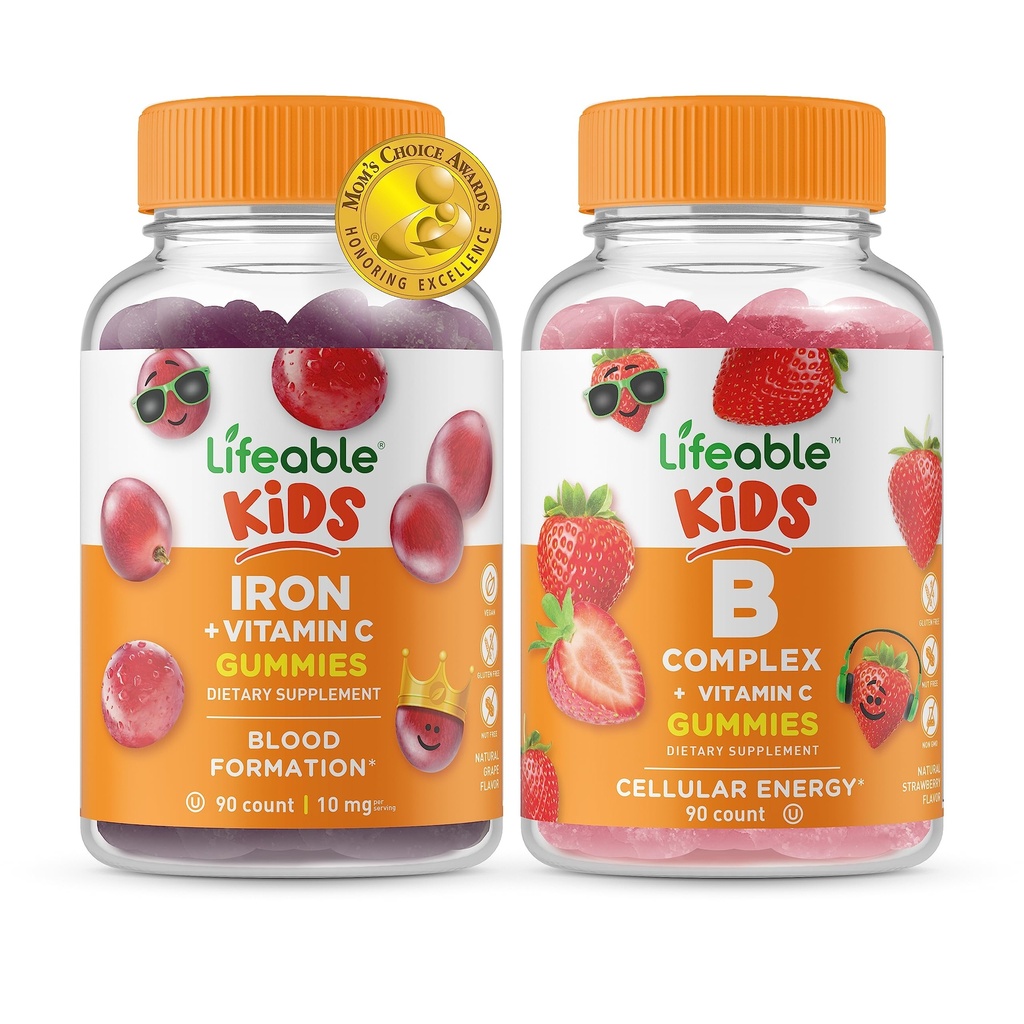 Hierro Lifeable &amp; Vitamina C Kids + B Complex Kids, Gummies Bundle - Great Tasting, Vitamin Supplement, Gluten Free, GMO Free, Chewable Gummy