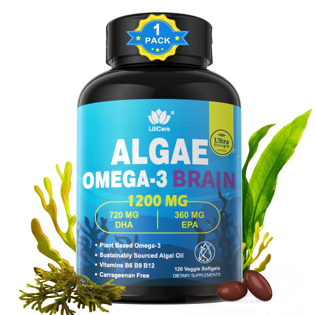 Omega 3 Fish Oil Softgels con DHA 720mg EPA 360mg, Vegan Algae Science 2:1 Ratio for Brain Eye, Plant Based Sustainably Sourced Omega 3 Suplemento, Fish Oil Alternative 1200mg, No Fish Taste, 120Cts