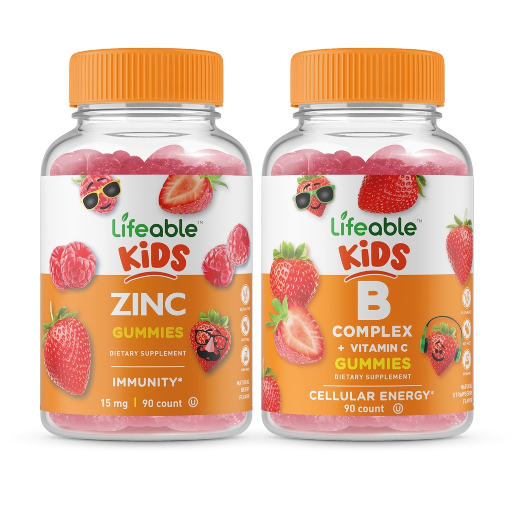 Niños Zinc Lifeable + B Complex Kids, Gummies Bundle - Gran Tasting, Suplemento de vitaminas, Gluten Free, GMO Free, Chewable Gummy