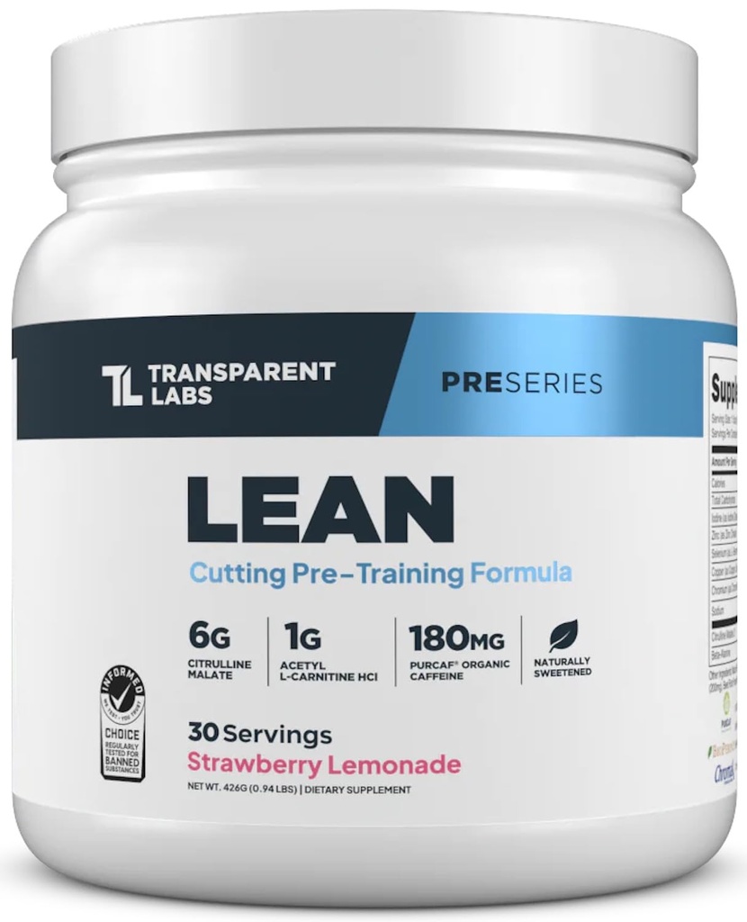 Laboratorios Transparentes Lean Pre-Workout - Recomposición Corporal Pre Workout para Hombres y Mujeres con Acetyl L-Carnitine, Beta Alanine Powder, PurCaf Organic Caffeine Powder - 30 Servings, Strawberry Lemonade