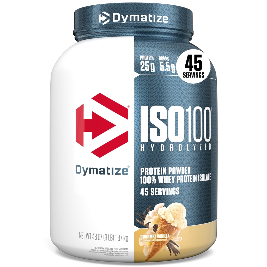Dymatize ISO100 Whey Protein Powder Isolate, Vanilla, 25g de Protein, 3 libras, 5.5g BCAAs, Menos Than 120 Cal., Gluten Free, 1g Fat, 1g Sugar, 2g Carb (45 servidos)