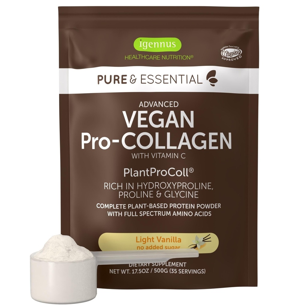 Igennus Advanced Vegan Vanilla Collagen Peptide Powder, mejorado con Glycine, Proline " Hydroxyproline " Cofactor Vitamin C, Non GMO, Vegetarian Plant Based Collagen Powder Booster, 35 Servings