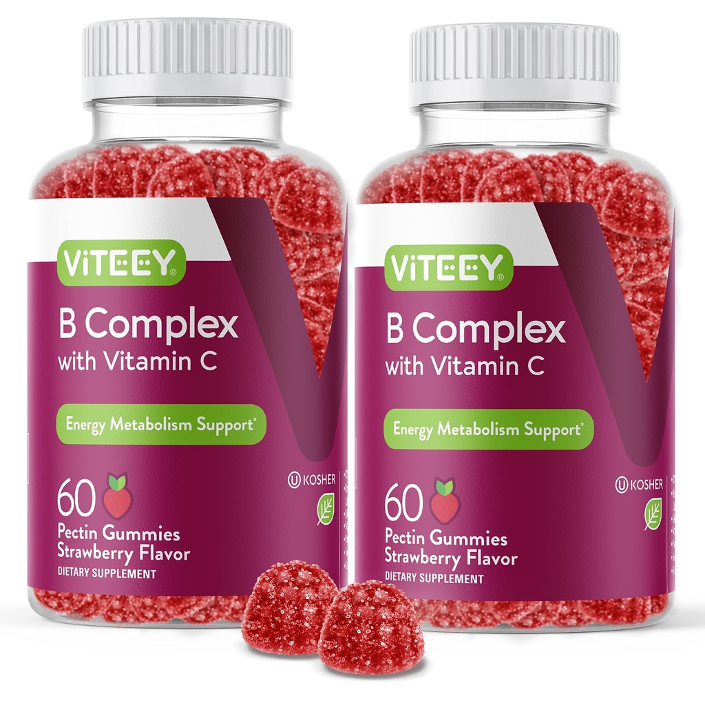 Viteey Vitamina B Complejo Gummies con Vitamina C - Energía, Metabolismo & Immune Soporte - B6, B12, Niacina, Ácido Fólico, Biotina, Calcio - Vegan, Libre de gluten - 120 Conde