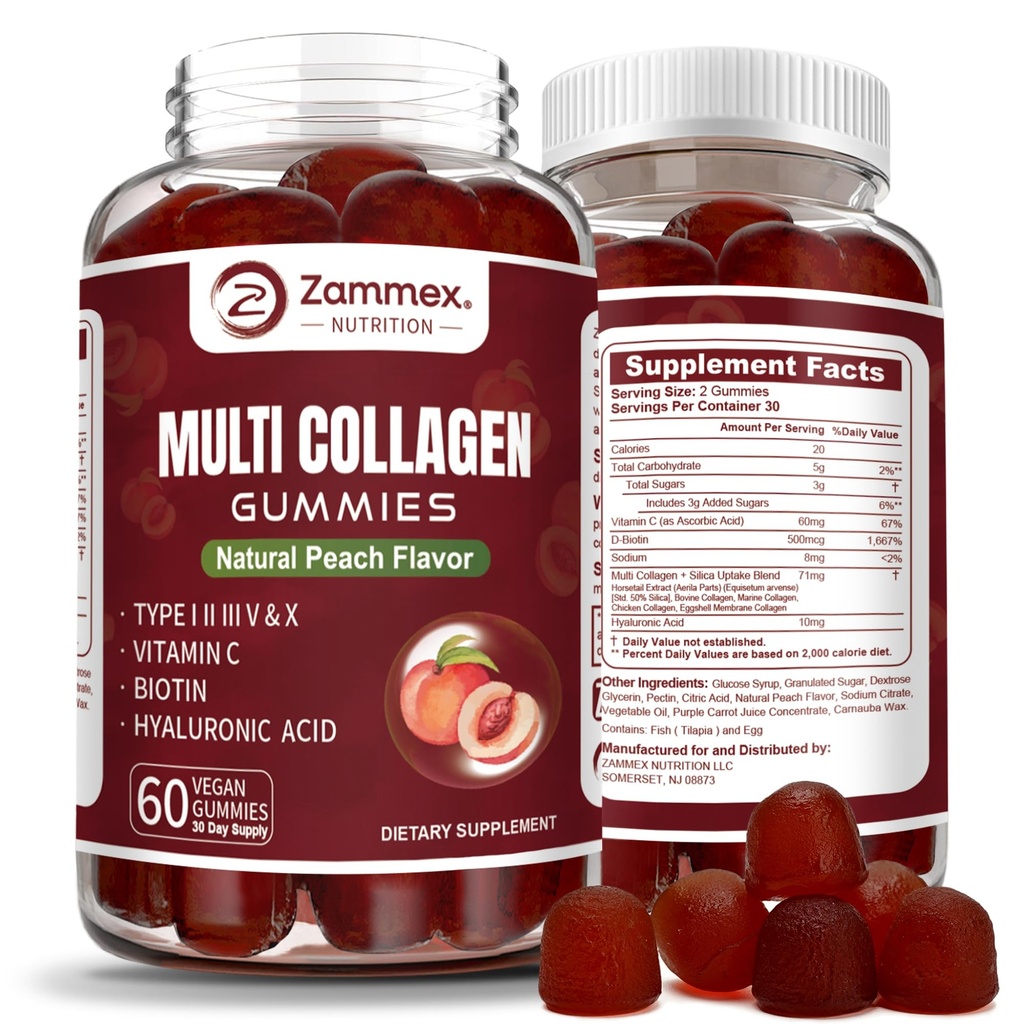 Zammex Multi Collagen Peptides Gummies (Tipo 1, 2, 3, 5 &amp; 10), 30 Servings, Anti-Aging Collagen Gummy Supplements for Women Pulmen with Biotin Vitamin C, Hyaluronic Acid, Peach Flavor