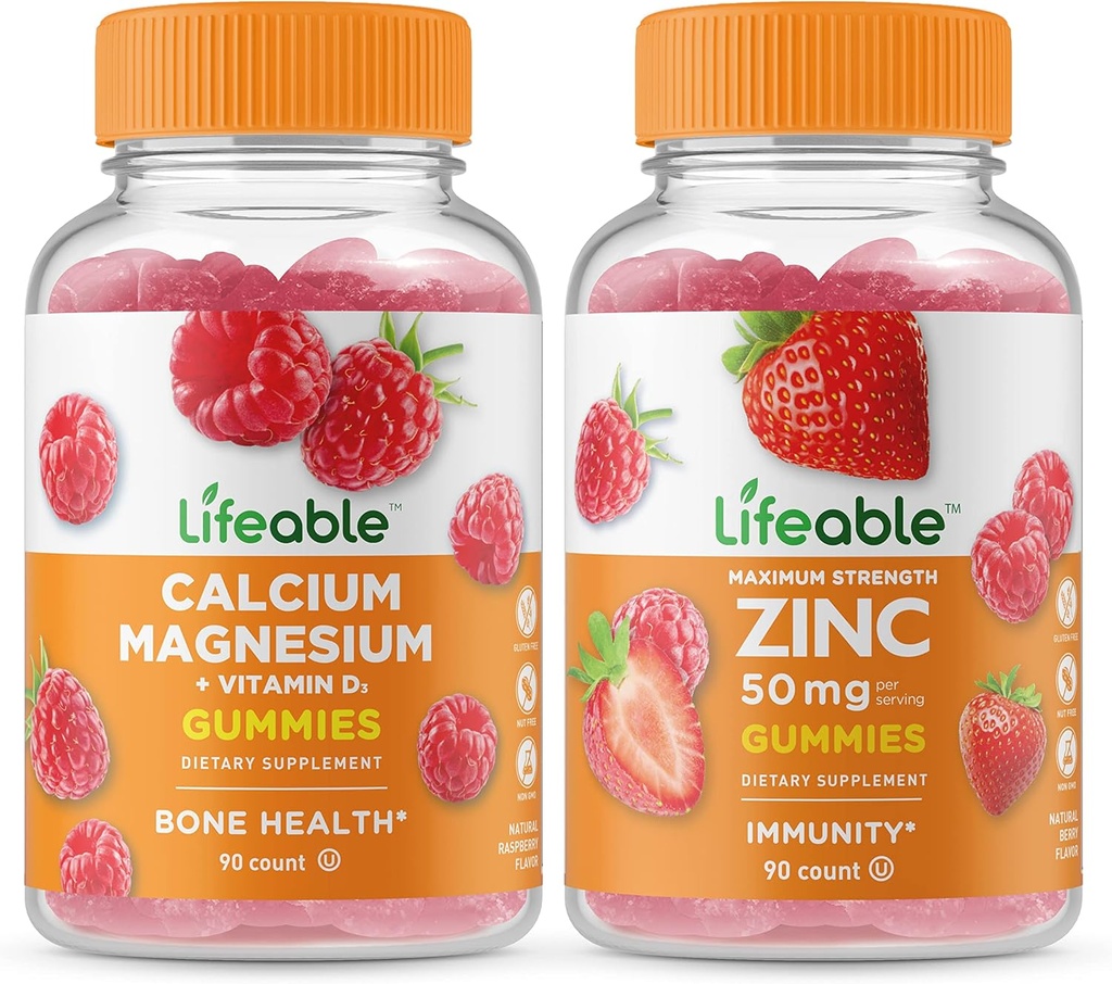 Magnesio de calcio salvavidas + Zinc 50mg, Gummies Bundle - Gran Tasting, Suplemento de vitamina, Gluten Gratis, GMO Gratis, Chewable