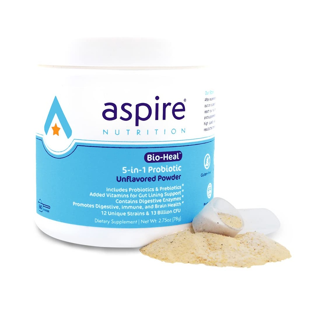 Aspire Nutrition 5-in-1 Bio-Heal® Probiótico para niños, hombres y mujeres - Mejor suplemento para la función cerebral, Gut Health &amp; Constipation - Estante estable &amp; Fortificado con vitamina, minerales " Prebióticos - Polvo