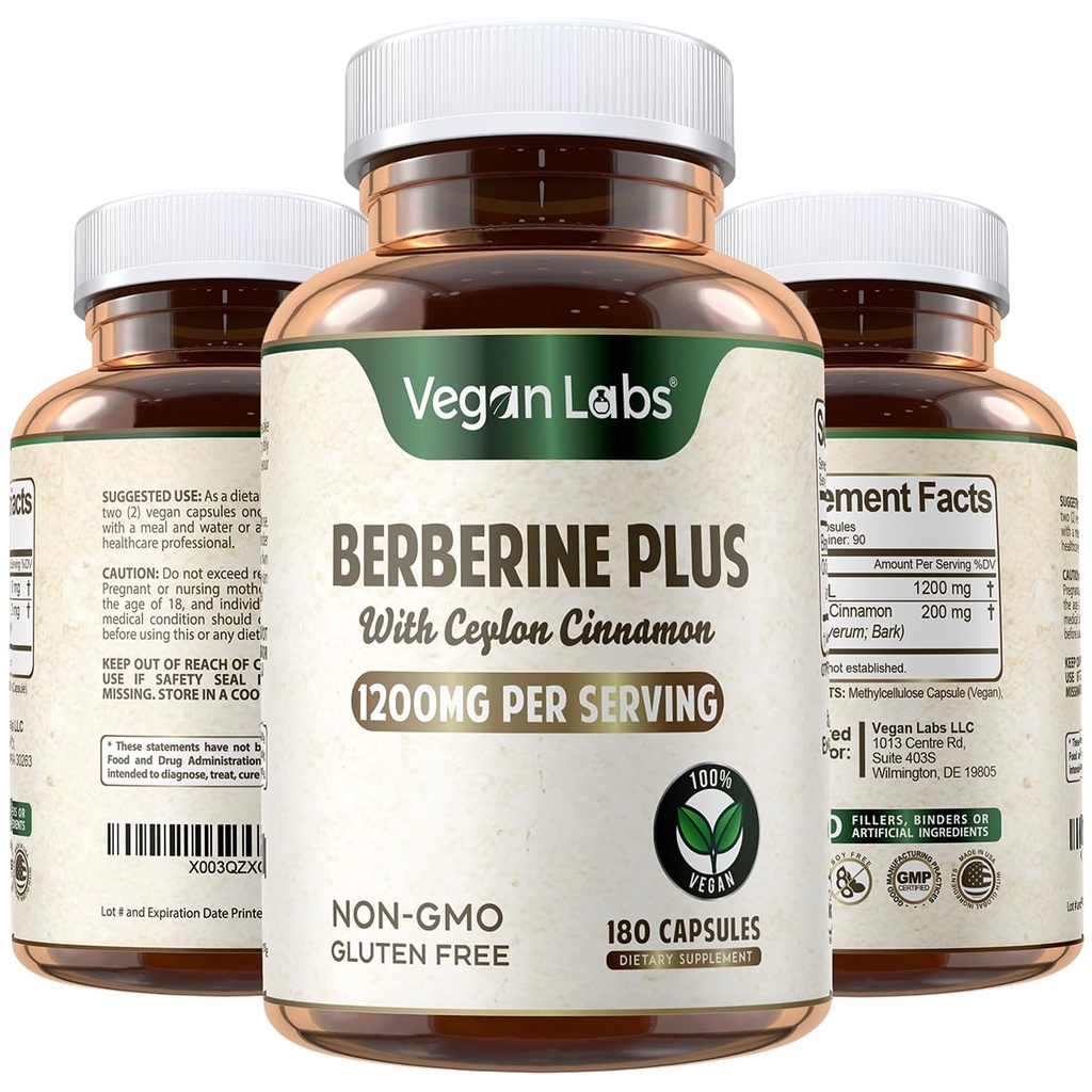 Laboratorios Veganos Berberine HCL 1200MG con Ceillón Orgánico Cinnamon- 180 Capsules Vegan- Apoya Sistema Global de Salud e Inmune