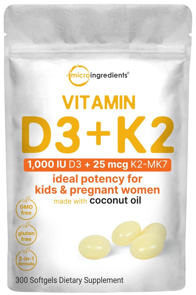 Micro Ingredientes Vitamina D3 1000 UI + K2 MK-7 25 mcg, 300 Softgels viv Virgin Coconut Oil tención 2-in-1 Bone, Immune & Heart Support TEN Easy to Swallow, Non-GMO