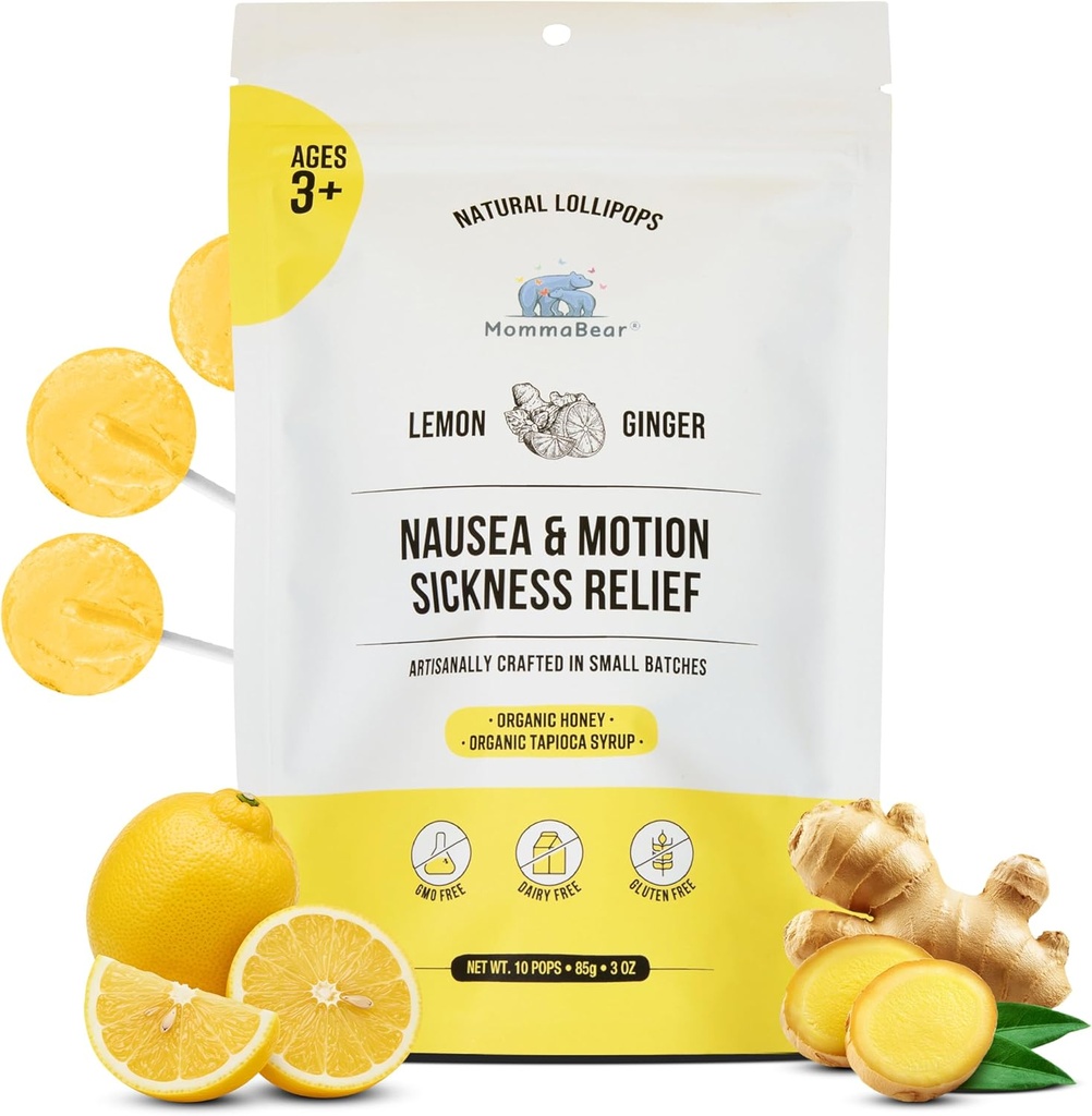 MommaBear Nausea &amp; Motion Sickness Lollipops – Candy de limón y jengibre para Nausea – Lollipops orgánicos para niños 3+ " Mujeres embarazadas para aliviar la queasidad – Tightly Sealed for Freshness (10 Pack)