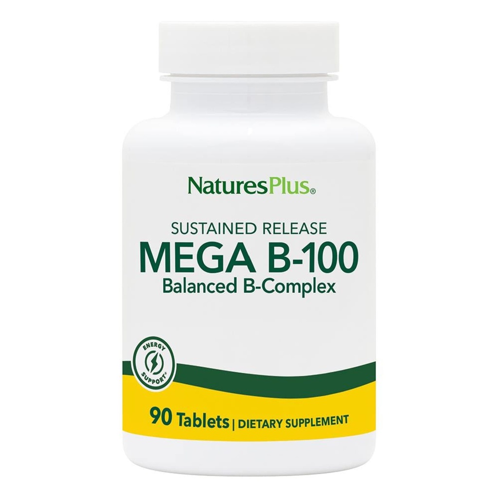 Natures Plus Mega B-100 Complejo - 90 Tablas Vegetarianas de Liberación Sostenida - Energía &amp; Cerebro Booster - Gluten Gratis - 90 Servimientos