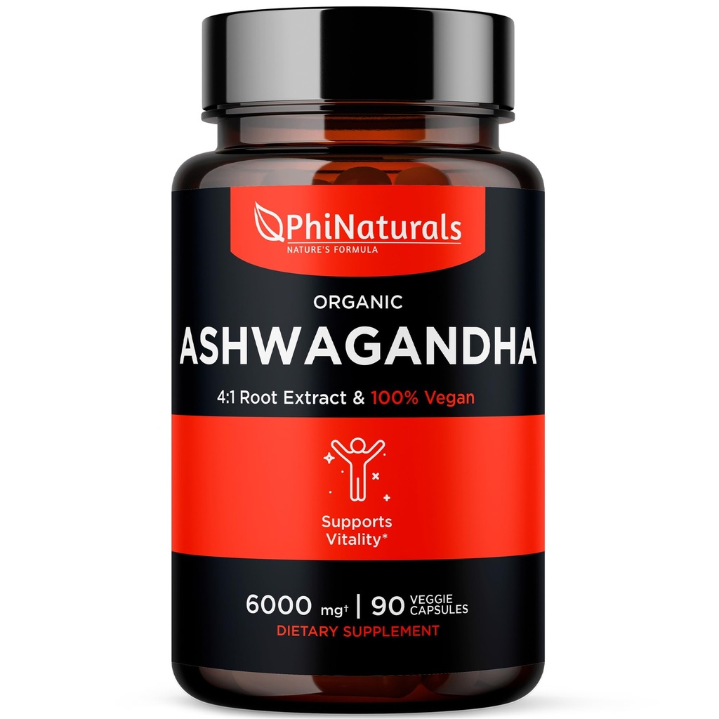 PhiNaturals Orgánica Ashwagandha Root Extract in Vegan Capsules Equal to 6000 Mg Root - Ashwaganda Supplement for Hombres and Women with 1500 Mg Por Serving 30 Servings - 500mg Por Vegan Capsule 90 Conde