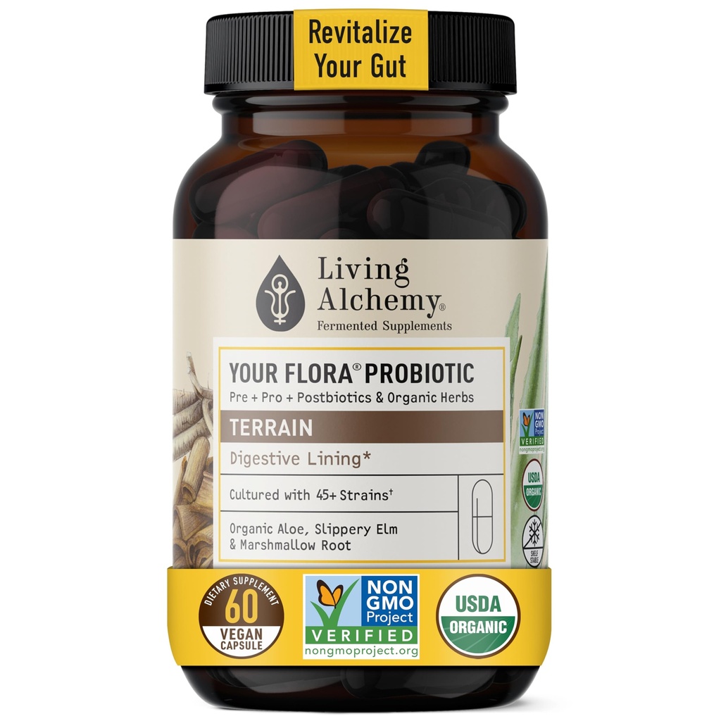 Tu Terraína Probiótica Flora – Probióticos no transgénicos con soya fermentada, Aloe Vera, " Elm resbaladizo para la digestión del equilibrio de Gut – Prebióticos, Postbióticos, Enzimas Digestivos – Alquimia viva, 60 Pcs
