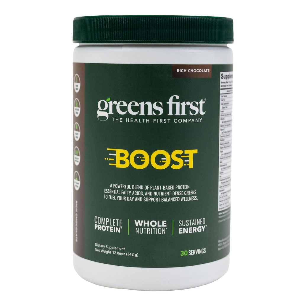 Greens First Boost - Proteína de base vegetal &amp; Nutrición equilibrada - Superfood Shake Mix - Sin trigo o soja - sin lácteos - Vegan - Dutch Chocolate, 12.28 oz.