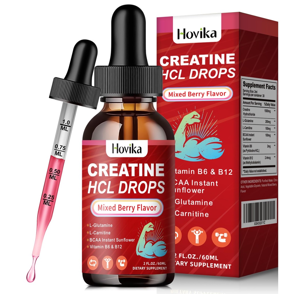 Cretina HCL gotas líquidas para hombres " mujeres " , Hidrocloruro de Creatina con L-Carnitina, L-Glutamina, BCAA, Vitamina B12 " B6 para el crecimiento muscular " Végan, sabor de sabor mixto de Berry, 2 Fl Oz