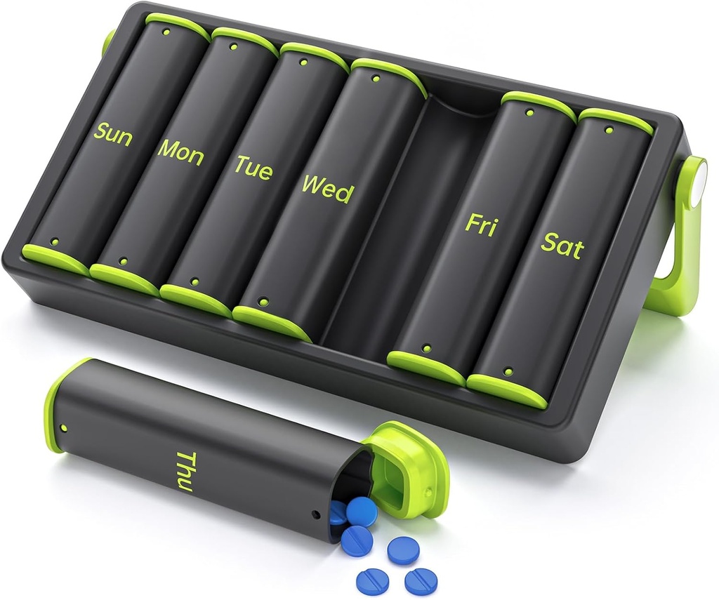 Organizador semanal de píldoras 2 veces al día, KOVIUU caja grande de píldoras de viaje 7 día, Am Pm Twice Daily Pill Case with Rotatable Handle, Pill Holder Container for Vitamin, Medicine, Supplement, Fish Oil, Green