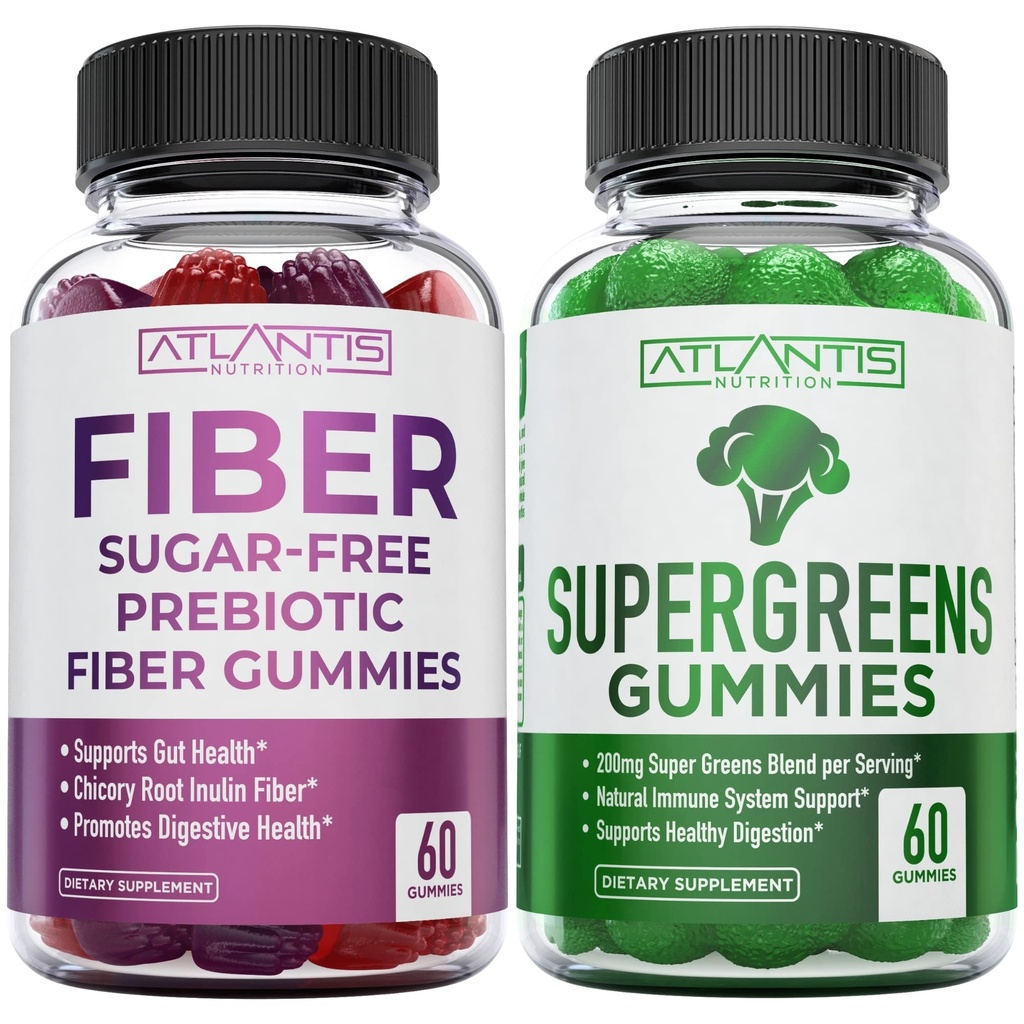 Atlantis Nutrición Azúcar Gummies de fibra prebiótica para adultos 2-Pack (120 Gummies) + Supergreens 60 Gummies