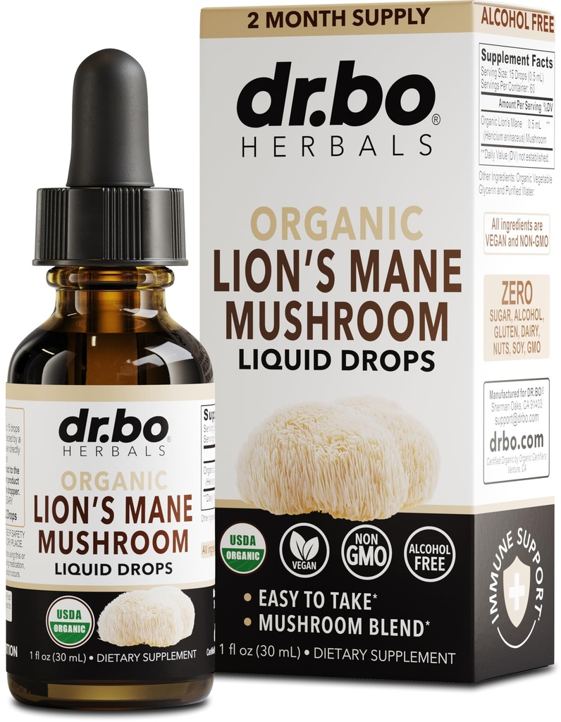 Lions Mane Mushroom Suplemento gotas - Organic Lion's Mane Mushroom Liquid Tintura para Focus, Fog Brain Health Suplementos - Vegan Herbal Nervine Nootropic Organic Lions Liquid Supplement Extract 1oz