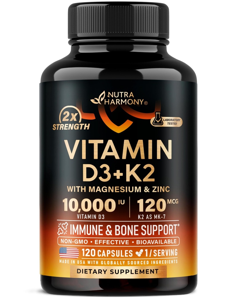 Vitamina D3 K2 - Vitamina D3 10000 iu & K2 como MK-7 120 mcg - Immune & Mood Support, para la salud de los huesos y los dientes - con magnesio, zinc &amp; vitamina C &amp; B12 - Altamente biodisponible - Hecho en EE.UU., 120 cápsulas