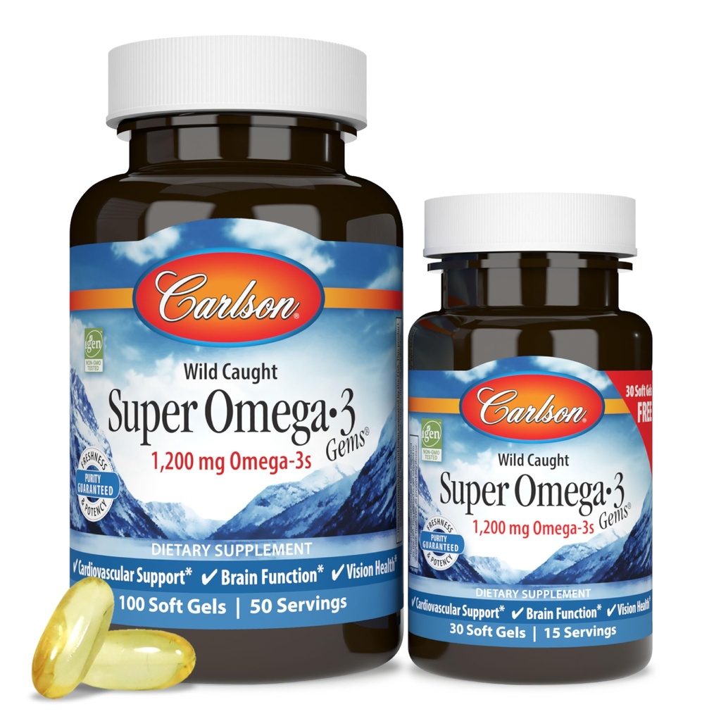 Carlson - Super Omega-3 Gems, 1200 mg Omega-3 Ácidos grasos con EPA y DHA, Suplemento Noruego Wild-Caught, cápsulas de aceite de pescado de origen sostenible, Omega 3 Suplementos, 100+30 Softgels