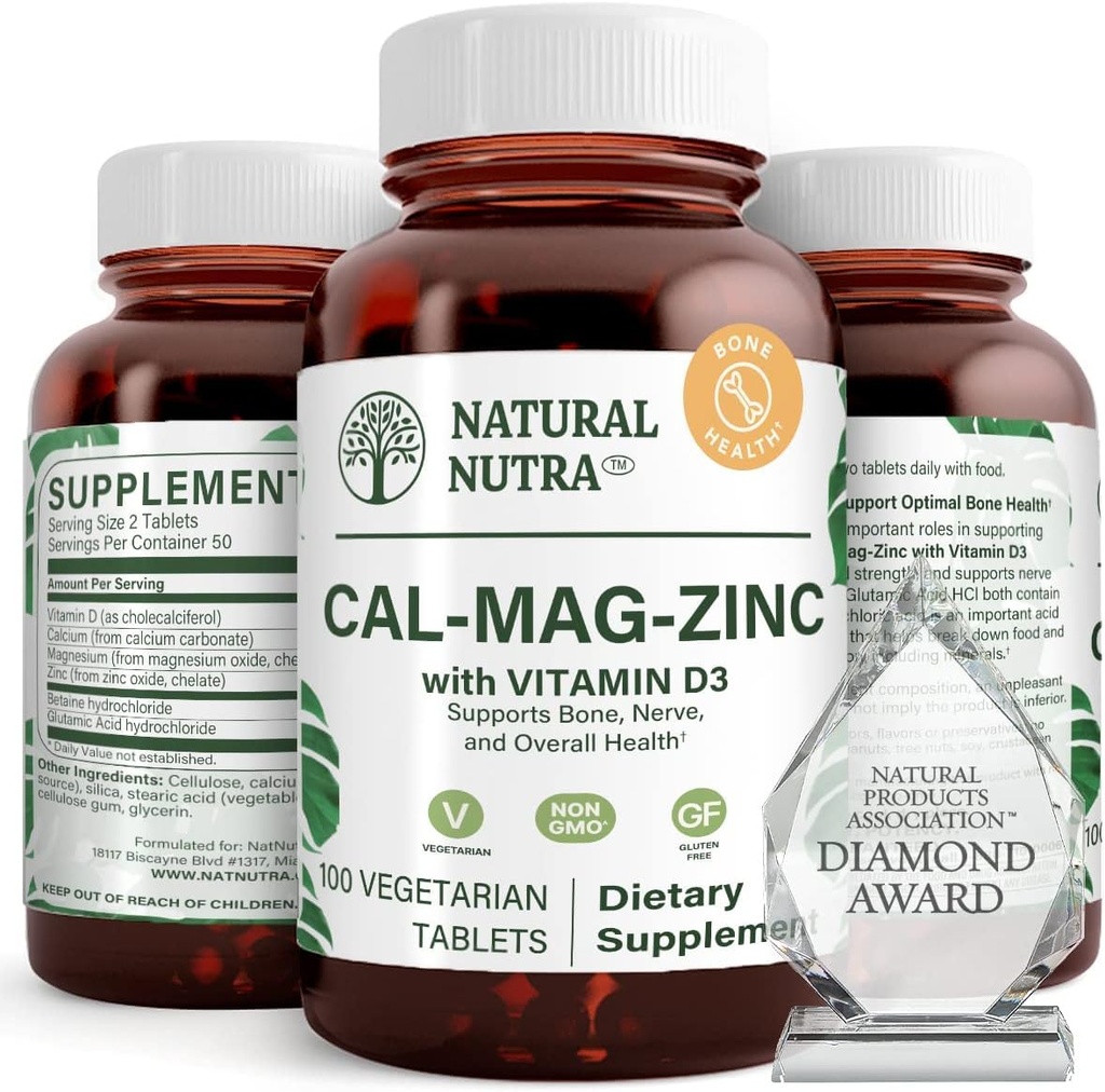 Natural Nutra Calcio Magnesio Zinc (Cal-Mag Zinc) Suplemento con vitamina D3 para la fuerza ósea, ayuda a mejorar la digestión, la salud Gluten libre y el azúcar libre, esencial complejo mineral (100 cuenta)