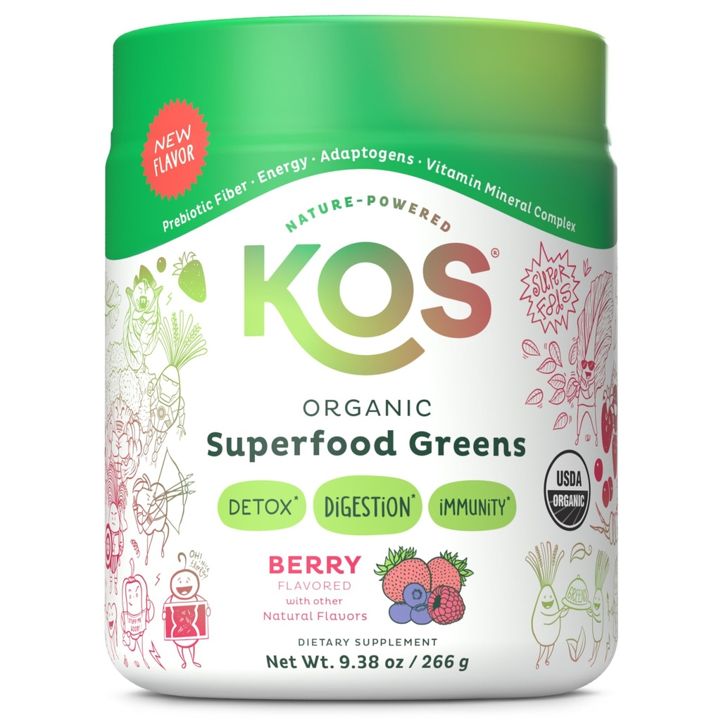 KOS Organic Superfood Greens Powder - Gut Health from Prebiotic Fiber, Supergreens and Adaptogens - USDA Certified Organic, Made in a GMP Certified Facility - 28 Servings Berry