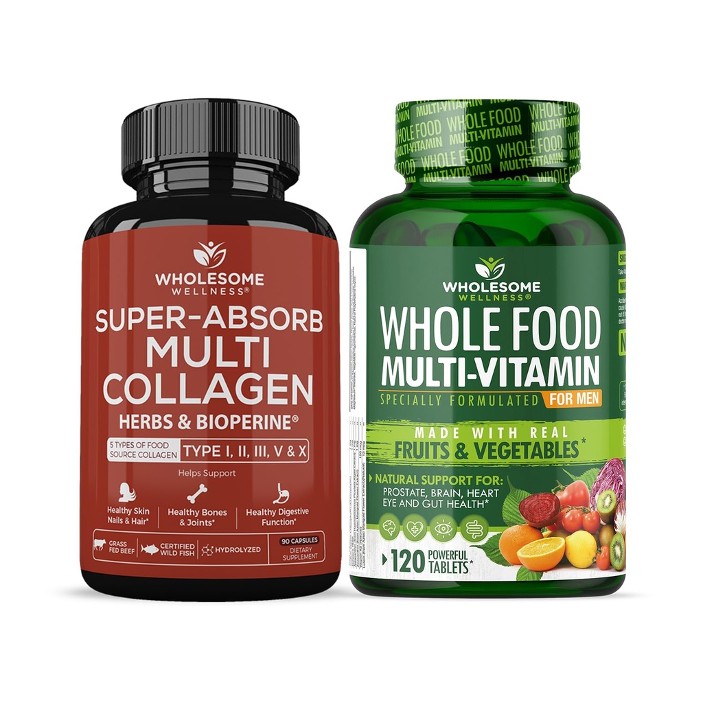 Píldoras multi colágeno superabsorb (Tipo I II III V X) Hierbas orgánicas y bioperina + Multivitamina entera de alimentos para hombres - Multi vitaminas naturales, minerales, extractos orgánicos Árbol