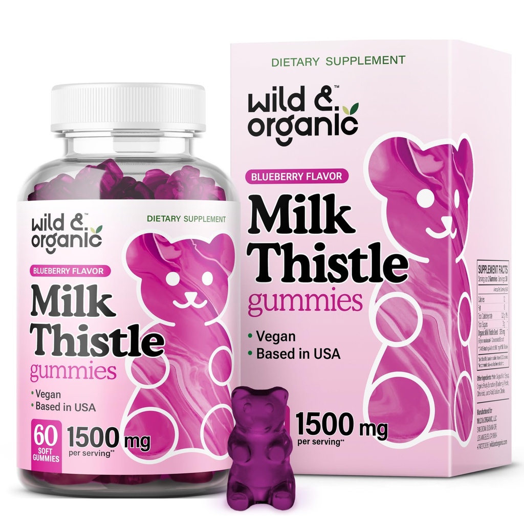 Wild &amp; Organic Milk Thistle Gummies 1500 mg - Milk Thistle Supplement for Liver Cleanse Detox - Silymarin Liver Detox Gummies - 30 Days Supply - 60 Vegan, Non-GMO Chews