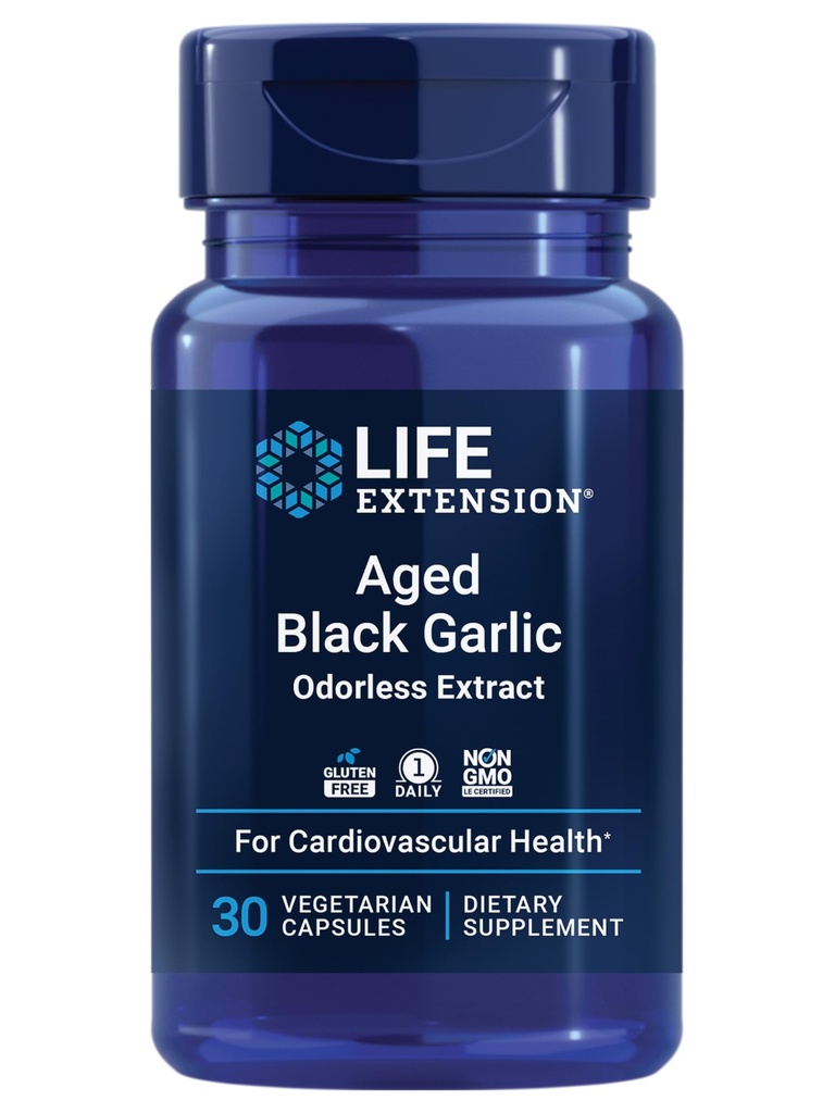 Extensión de la vida Ajo Negro envejecido, Suplemento de apoyo a la salud del corazón, Apoyo a la salud de la presión arterial, Apoyo a la salud del colesterol, de una vez por día, libre de gluten, vegetariano, no GMO, 30 cápsulas