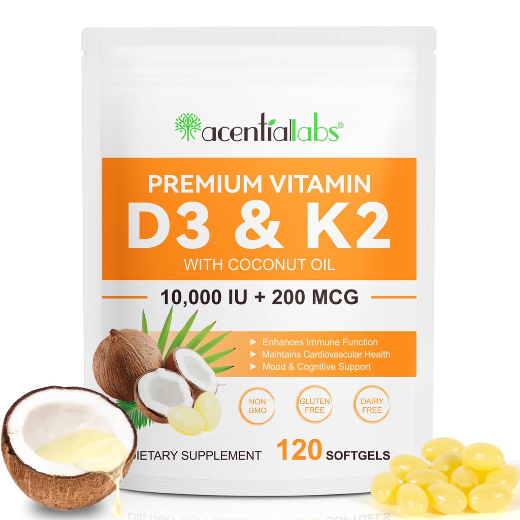 Vitamina D3 K2 Suplemento Softgels, 10000 UI VIT D3 + 200 MCG K2 (MK-7) Silencio 2-en-1 Replenish Fórmula con aceite de coco, Soportes en absorción de calcio, Fácil de absorber 120 cápsulas.