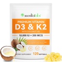 Vitamina D3 K2 Suplemento Softgels, 10000 UI VIT D3 + 200 MCG K2 (MK-7) Silencio 2-en-1 Replenish Fórmula con aceite de coco, Soportes en absorción de calcio, Fácil de absorber 120 cápsulas.