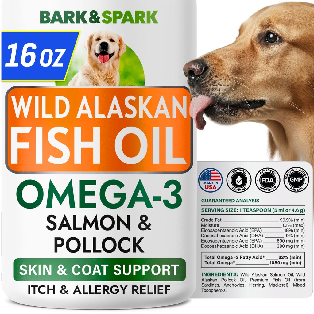 BARK&SPARK Omega 3 Fish Oil for Dogs - w/Wild Alaskan Salmon Oil for Dogs, Fish Oil Liquid Supplement for Pets, EPA+DHA Fatty Acids, Skin&Coat Support - Itch&Allergy Relief, Joint, Immune&Heart Health